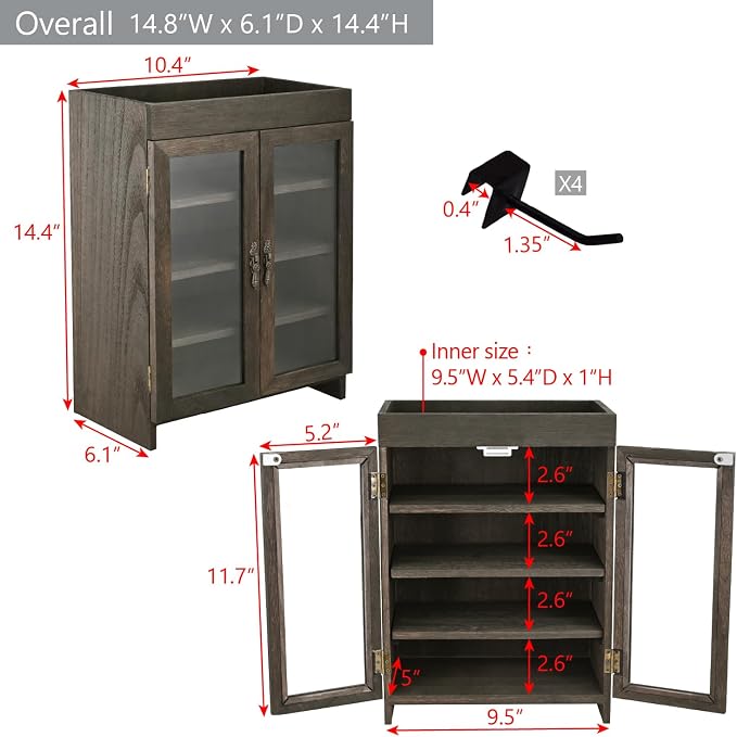 Ikee Design Small Wooden Countertop Storage Cabinet with Adjustable Shelves and Removable Hooks, Perfect for Perfume, Pantry, Essential Oil, 10.4W x 6.1D x 14.4H in, Dark Brown