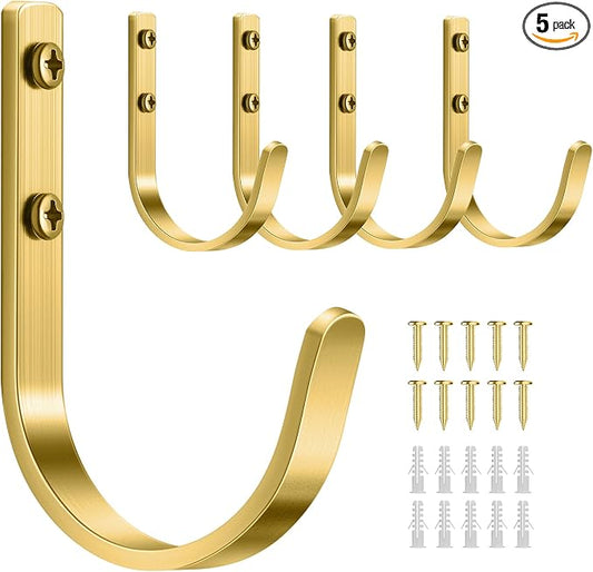 Wall Hooks for Hanging Towel/Coat - 22LB Screw in Metal Hanger Wall Mount, for Outdoor, Closet, Door, Bathrooms, for Backpack, Robe, Brushed Gold 5 Pack