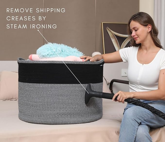 24" x 24" x 17" Max Size Large Cotton Rope Basket, Extra Large Storage Basket, Woven Laundry Hamper, Cloth Storage Bin, for Blankets Clothes Towels Pillows in Living Room, Black in Grey Mix