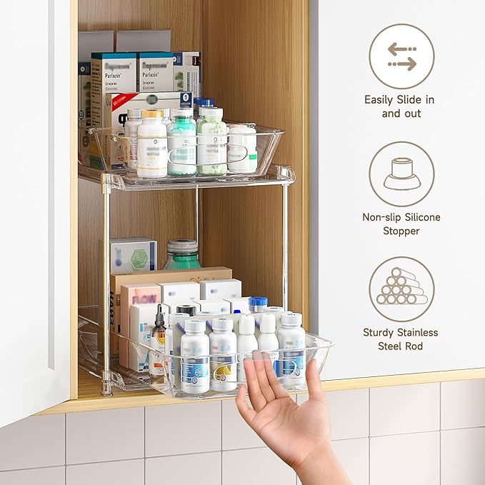 Sevenblue Under Sink Organizer, Bathroom Organizers and Storage, 2 Tier Multi-Use Pull Out Cabinet Organizer with Hang Hooks and Cups (transparent, 12 Inch)