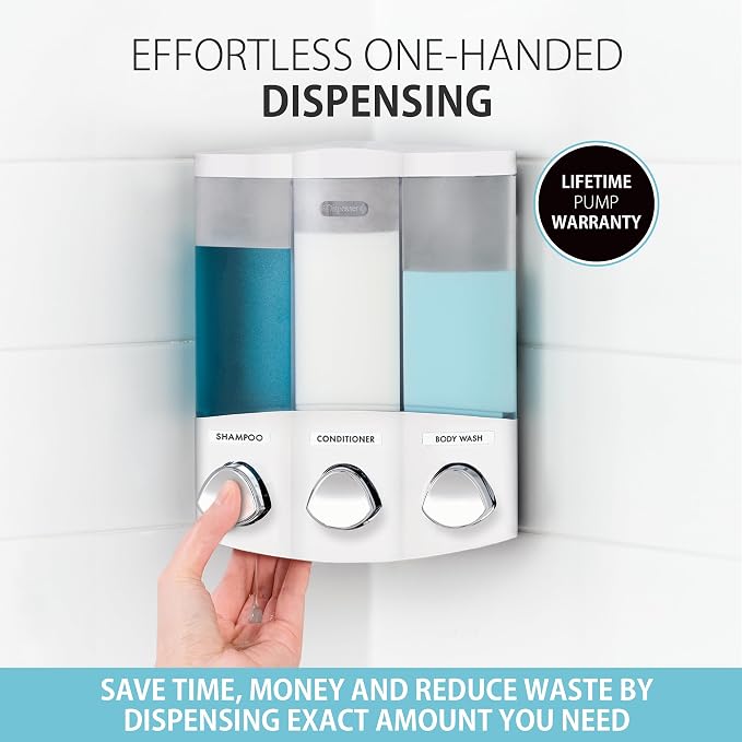Better Living Products, White 76354 Euro Series TRIO 3-Chamber Soap and Shower Dispenser