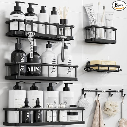 Shower Caddy Adhesive, Rustproof Shower Organizer with Soap Holder, Large Capacity Shower Shelves for Inside Shower, No Drilling Bathroom Organizers and Storage for Home Decor 6 Pack Black