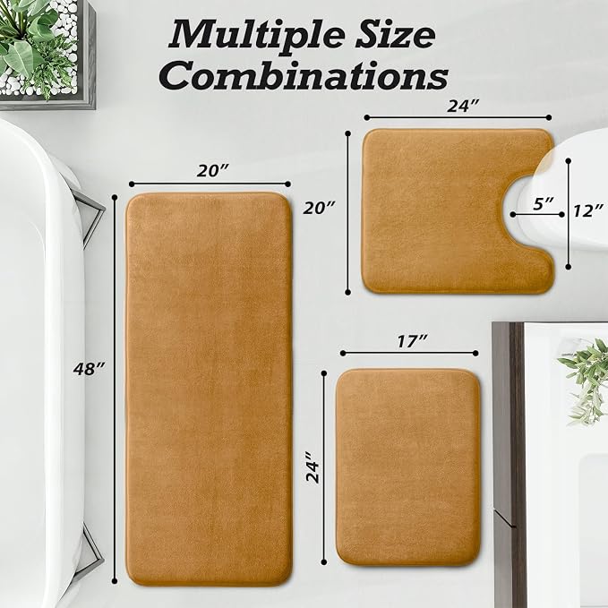 Bathroom Rugs Sets 3 Piece, Non-Slip & Quick Dry Bath Mat Set, Ultra Soft Velvet Bath Rugs for Bathroom, Toilet and Shower Floor, Khaki