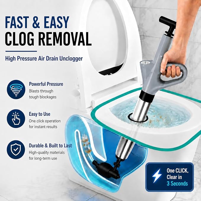Toilet Plunger, Splash-Free High Pressure Air Drain Unclogger, Heavy Duty Plunger for Bathroom, Toilets, Sinks and Plumbing Clogs