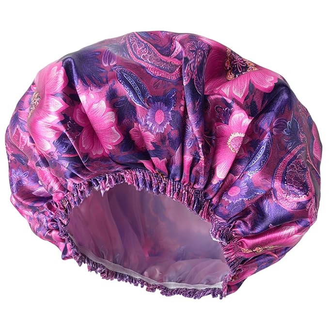 Shower Caps for Women, 4 PCS Reusable Waterproof Bath Cap | Double Layer, Washable, Wide Elastic Band, Holds Long Hair, Caps for Bath Accessories, Spa, Travel Home - Printing Flower D