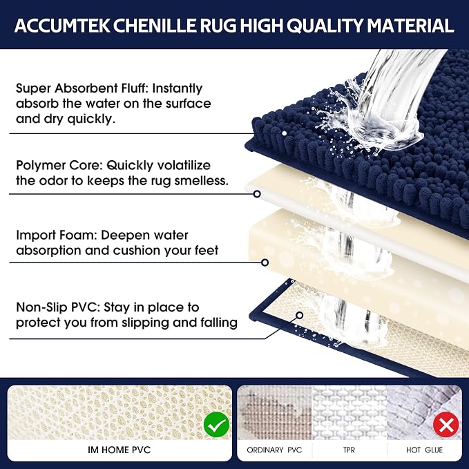 ACCUMTEK Upgrade Luxury 2 Piece Navy Blue Toilet Bathroom Rug Mat 48"x20"+24"x17", Ultra Soft Thick Absorbent Bath Mats, Non Slip Chenille Toilet Mat for Bathroom, Bedroom, Kitchen, Shower, Tub