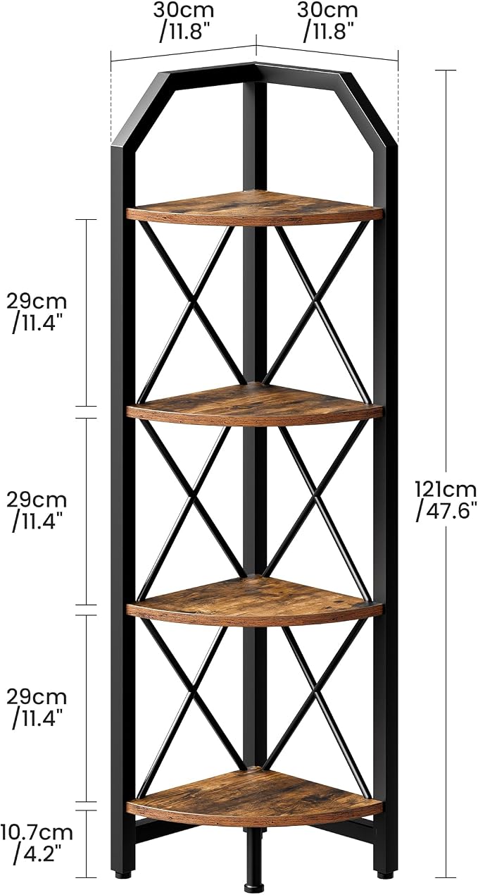 CHOEZON 47.6" Corner Shelf, 4-Tier Industrial Corner Bookshelf, Corner Storage Stand, Corner Bookcase for Bedroom, Living Room, Home Office, Rustic Brown and Black TCJ09BF