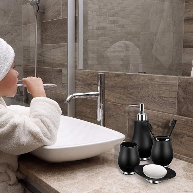RQYIXI Ceramic 4-Piece Bathroom Accessories Set, Black, Tulip Design | tulip-inspired curved design with stainless steel base modern countertop organization