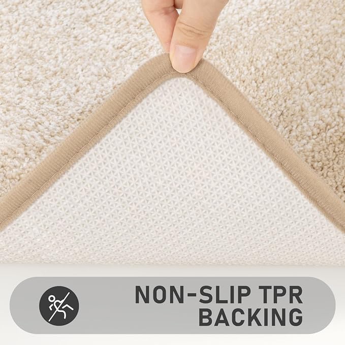 Bsmathom Bathroom Rug Set 4 Piece, Plush Microfiber Bath Mat, Light Beige | Extra Water Absorbent, Non Slip Washable Runner Bath Rugs with Toilet Lid Cover and U-shaped Contour Toilet Mat