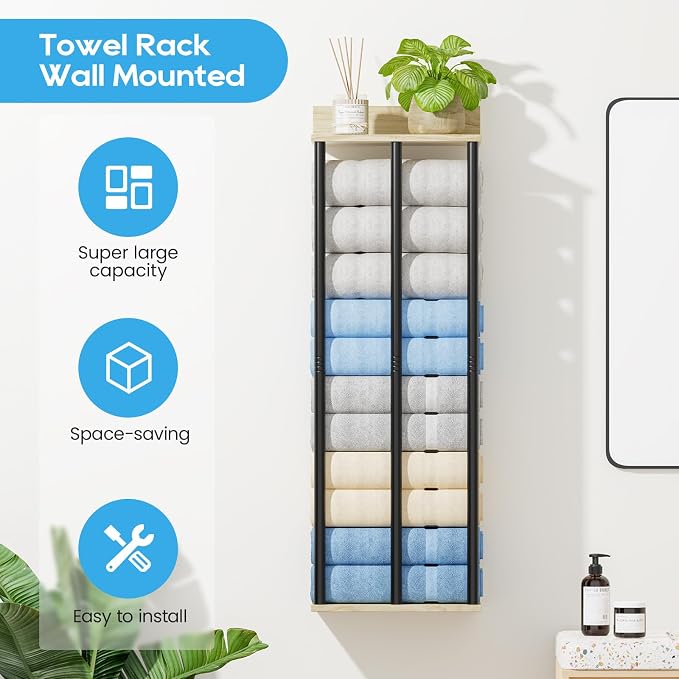 Towel Racks for Bathroom Wall Mounted, 3 Bar Wall Towel Rack | Metal Towel Holder with Wooden Shelf, Sturdy and Large Capacity, Towel Storage Organizer for Rolled Towels