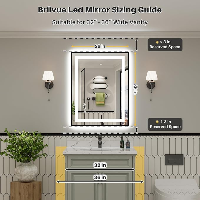 28X36 Inch LED Bathroom Mirror with Black Frame, Backlit & Front Lit | Anti-fog, 3 Color Dimmable, Memory Function, HD Reflection Tempered Glass, ETL Listed, IP54 Waterproof