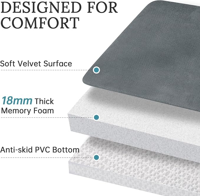 HUXMEYSON 3-Piece Memory Foam Bathroom Rug Set, Grey | Quick Dry Velvet Surface, Non-Slip & PVC Backing, Ultra Soft Bath Rugs for Bathroom, 17"x24"+20"x48"+U Shape 20"x24"