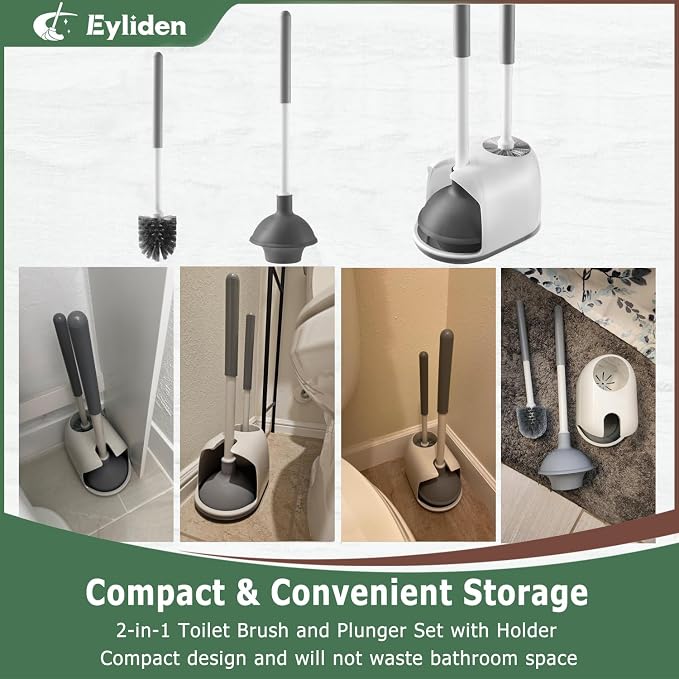Eyliden Toilet Plunger and Brush Set, 2-in-1 Compact Holder | Unclogs Toilets, Deep Cleans Bowls, Nylon Bristles, Rubber Cup, Durable Plastic Caddy, Space-Saver, Bathroom Cleaning Tools
