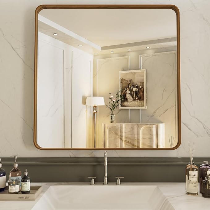 LOAAO 30X30 Bathroom Mirror, Wood Grain Colored Metal Frame | Rounded Rectangle Metal Framed, Anti-Rust, Hangs Horizontally or Vertically, Tempered Glass