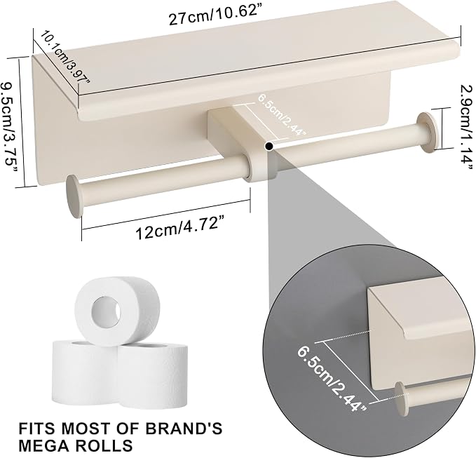 BGL Toilet Paper Holder with Shelf White Double Head Toilet Tissue Roll Holder 304 Stainless Steel Wall Mount for Bathroom