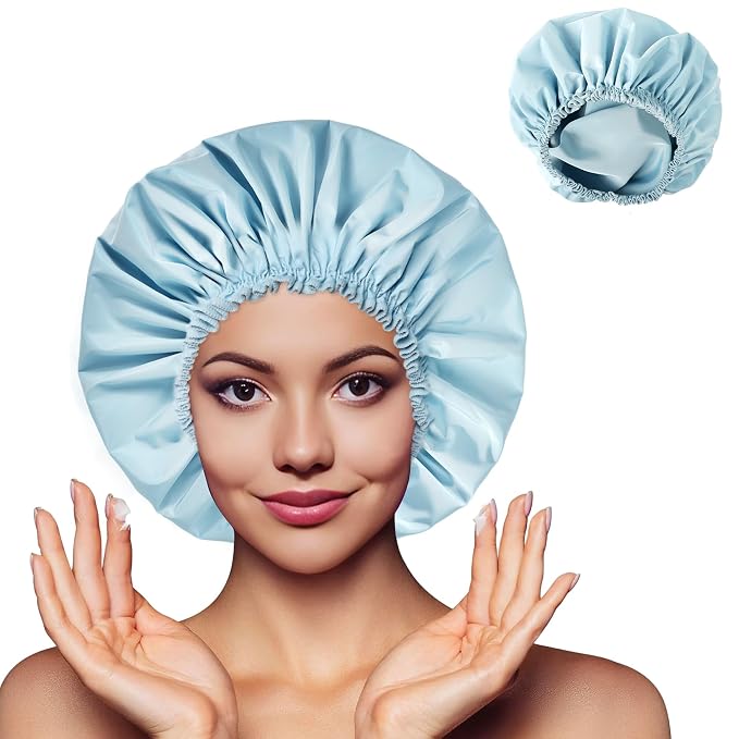 Shower Cap for Women, Large Waterproof Shower Bonnet | Double Layer, Reusable Hair Protector, Washable Large Bath Cap, Wide Elastic Band, for Long Hair, Braids - Blue