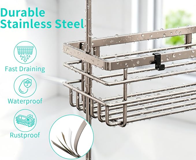 HapiRm Hanging Shower Caddy Organizer - No Drilling Shower Shelves with Hooks and Toothbrush Holder, Rustproof 304 Stainless Steel Bathroom Organizer - Brushed Nickel