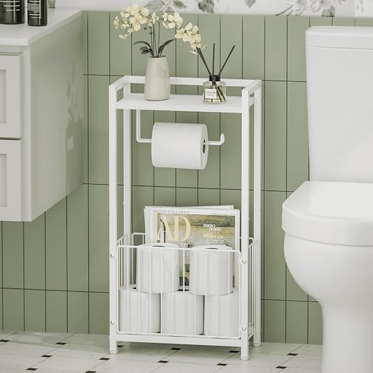 Freestanding Toilet Paper Holder with Storage Shelf, White | Bathroom Tissue Stand with Space for Phone Wipes Magazines – All-in-One Toilet Roll Dispenser and Organizer