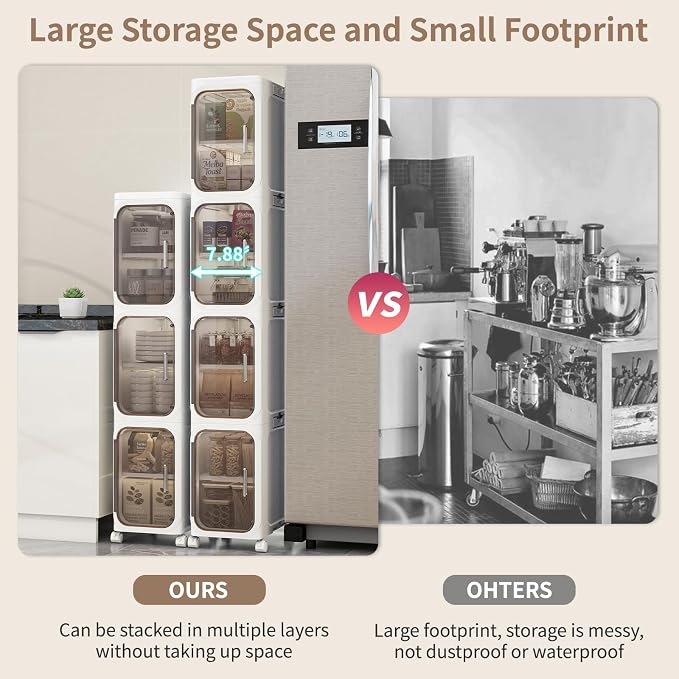 4 Tier Slim Bathroom Storage Cabinet, Foldable and Movable, White | Tools Free, ABS and PET, Magnetic Clear Door, Adjustable Shelves, Lockable Wheels, Water Resistant, For Narrow Space