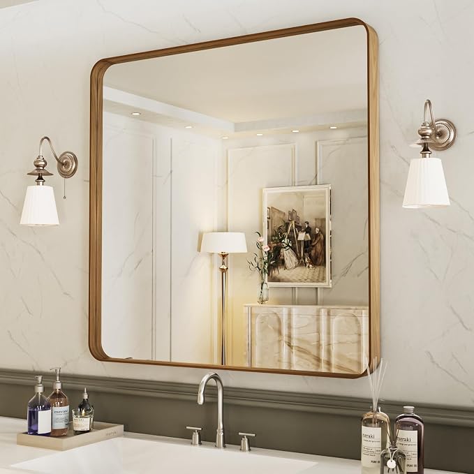 LOAAO 36X36 Inch Bathroom Mirror with Wood Grain Colored Metal Frame | Rounded Rectangle, Anti-Rust, Hangs Horizontally or Vertically, Tempered Glass