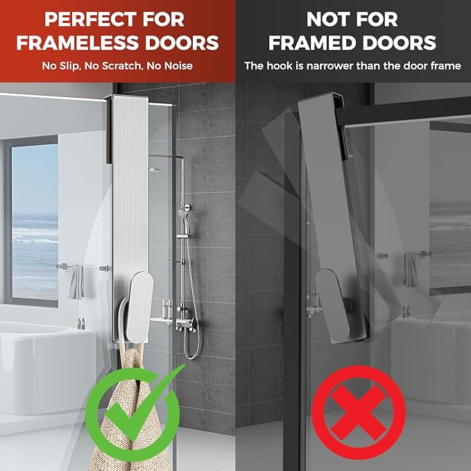 Shower Door Hooks 8 Inch,Extended Heavy Duty Shower Hooks for Towels,Over the Towel Hooks for Bathroom Frameless Glass Door (Silver,2 Pack)