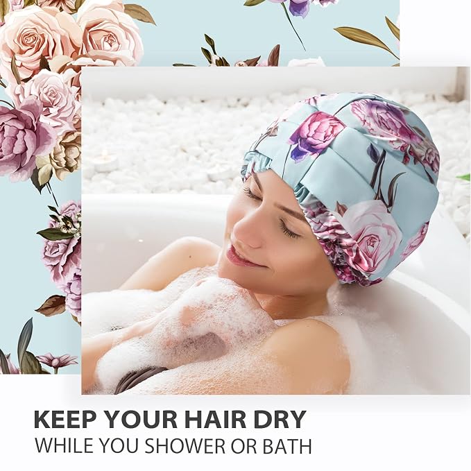 INNELO Shower Cap for Women Reusable Waterproof, Double Layer, Satin Lined | Bath Cap, Adjustable Elastic Strap, Large Size for Short Long Curly Hair, Soft Silky Lined, Anti Frizz, Shower Essentials
