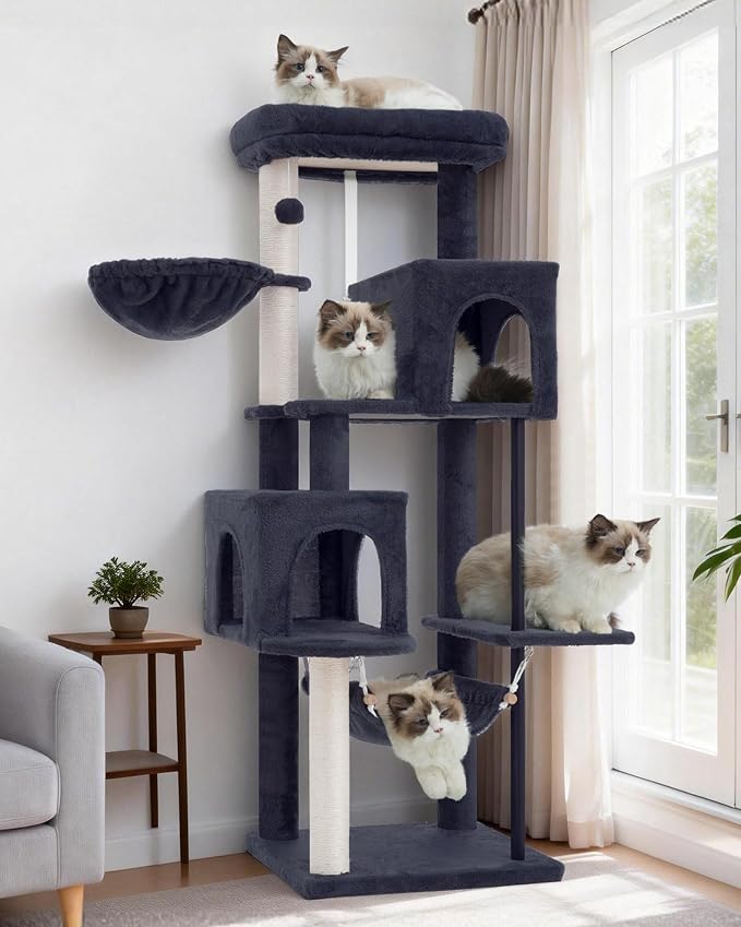 Cat Tree Tower with Sturdy Steel Tube for Indoor Cats GCT014G | 51.2'' Cat Furniture with Scratching Posts, Hammock, Basket and Padding Top Platform for Inoor Cats Large Adult, Drak Gray