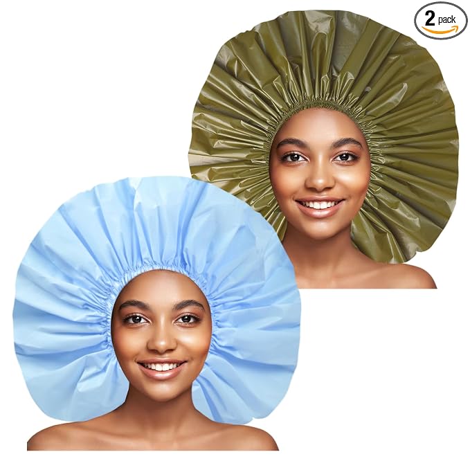Super Jumbo Shower Cap for Women, 2 PCS Waterproof Hair Caps for Locs | Extra Large, Double Side Reusable PEVA Bath Cap, Washable, Holds Long Thick Twist Braid - Blue+Green