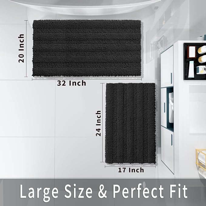 Yimobra Bathroom Rug Set 2 Piece, Absorbent Chenille, 32x20+24x17, Black | Non Slip Machine Washable Quick Dry Bath Mat Set, Soft Plush Shower Rugs for Bathroom Floor Sink Tub and Shower Outside
