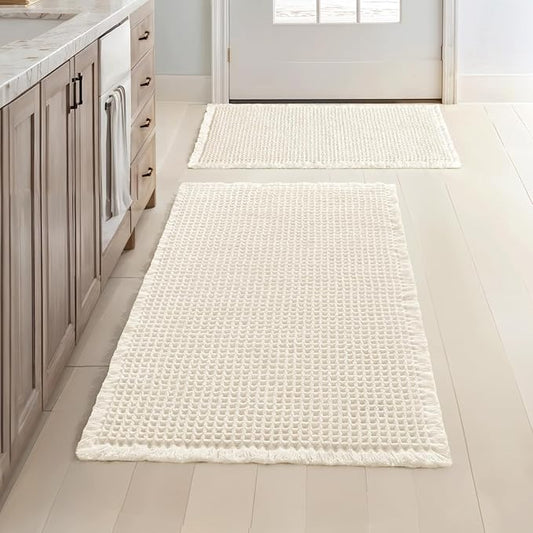 MIULEE Set of 2 Waffle Bathroom Rugs Cream White Bath Mat 17"x24"+20"x32" | Non Slip, Super Absorbent, Washable, Ultra Soft, Rubber Backed Bath Rugs for Bathroom Floor Tub Shower, Boho Decor