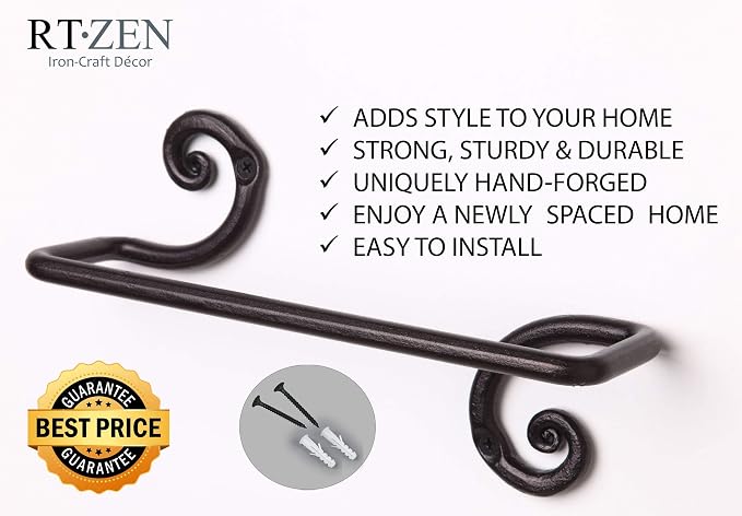 RTZEN Matte Black Hand Towel Holder for Bathroom - Handcrafted Farmhouse Wrought Iron Metal Kitchen Bar - Small Hand Towel Bar Hanger for Home or Office - Wall Mounted Rack Fits 10" Towels