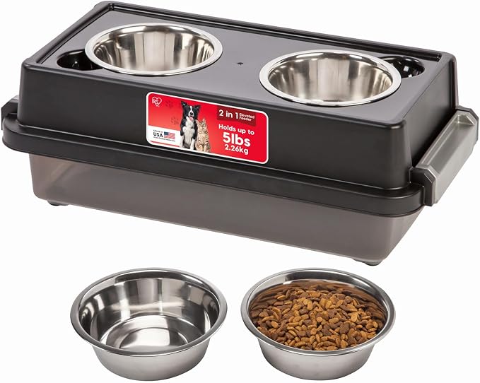 IRIS USA Elevated Dog Bowls 6" H, up to 5 lb Storage, Black, Made in USA | Comes with 4 Stainless Steel Bowls (16 oz), Elevated Feeder, Reduce Strain, Perfect for Camping & Outdoors