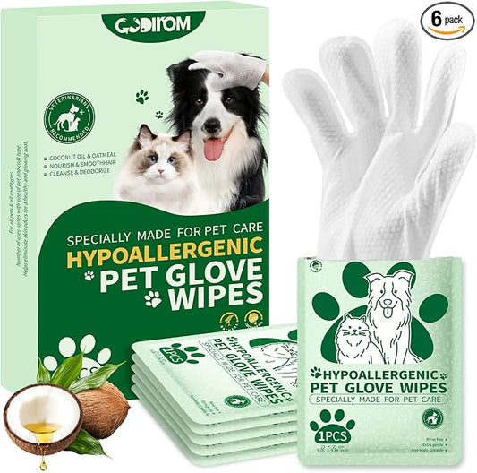 Pet Cleaning Glove Wipes for Dogs & Cats, 6 Pcs | Thick 90g, No-Rinse Deodorizing, Hypoallergenic, Disposable Bathing Gloves, Coconut Scent