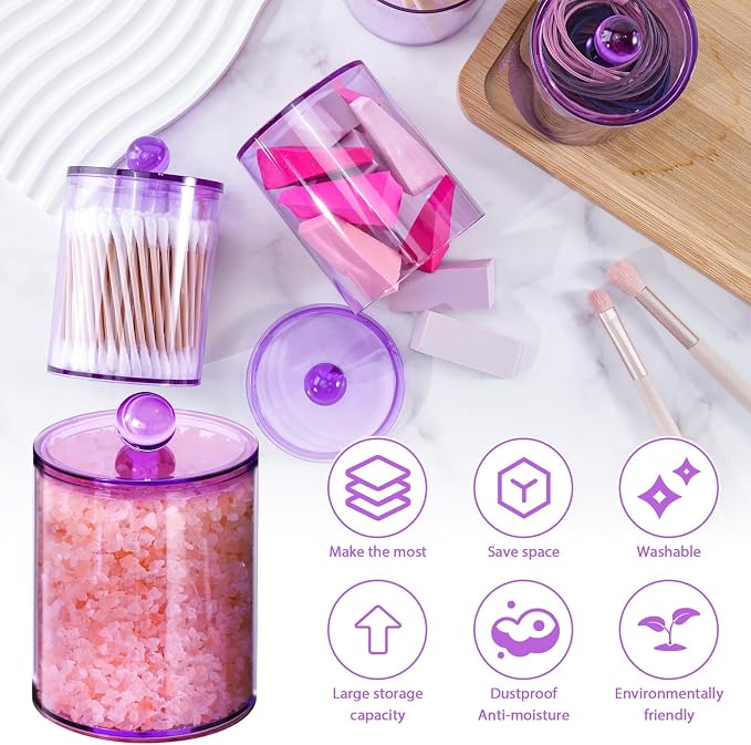 4 Pcs Acrylic Qtip Holder, Cotton Ball Holder Jars with Lids, Purple | Apothecary Jars for Cotton Swabs, Balls, Pads and Floss Picks, Bathroom Vanity Organizer