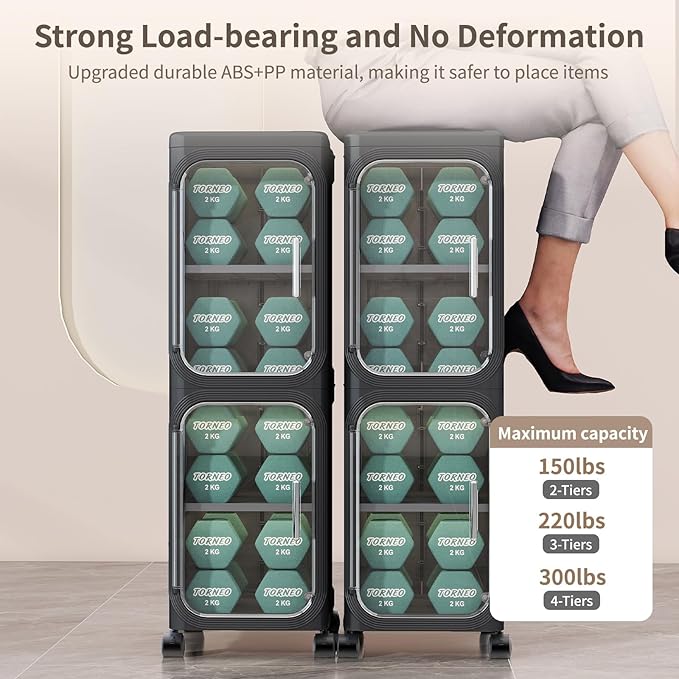 3 Tier Slim Bathroom Storage Cabinet, Foldable and Movable, Black | Tools Free, ABS and PET, Magnetic Clear Door, Adjustable Shelves, Lockable Wheels, Water Resistant, For Narrow Space