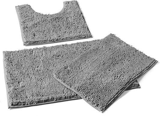 LuxUrux 3-Piece Bathroom Rug Set – Plush Chenille Bath Mats & U-Shaped Toilet Mat, Ultra-Soft, Absorbent & Non-Slip (20x20 U, 16x24 & 20x30 inches, Light Grey)