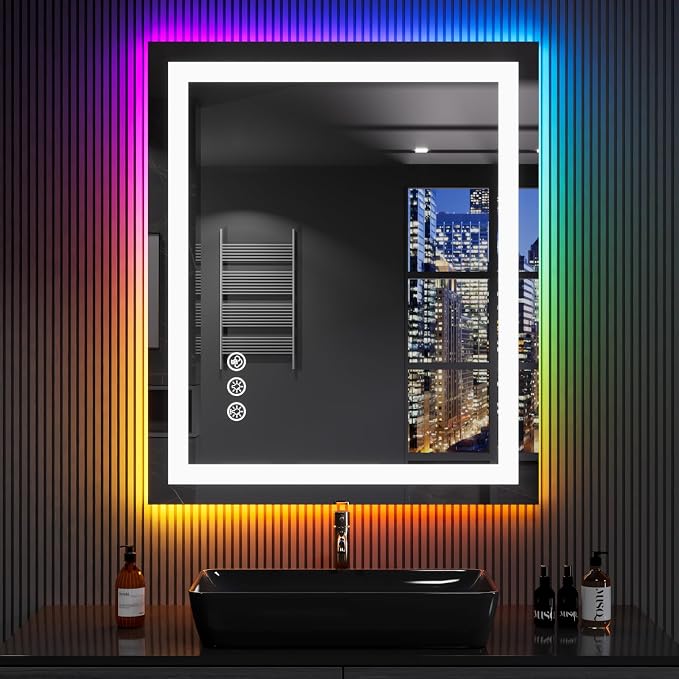 LOAAO 24"X32" RGB LED Bathroom Mirror with Lights, UL Listed | Anti-Fog, Dimmable, RGB Backlit + Front Lighted, Memory Function, Tempered Glass