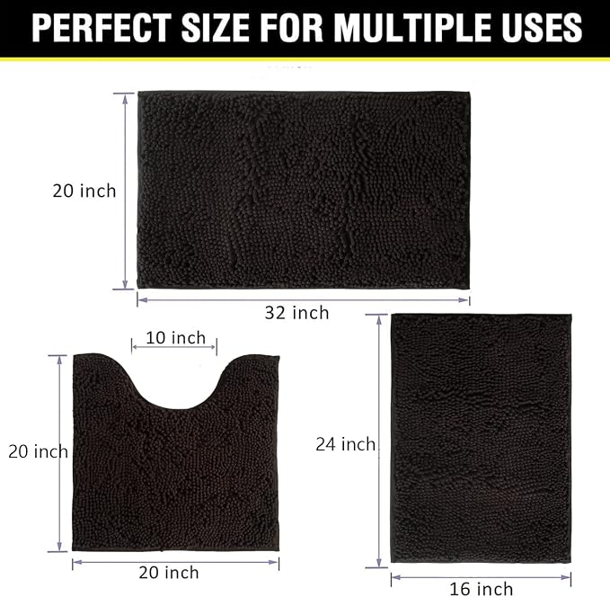 Bathroom Rugs Chenille 3-Piece Extra Soft and Absorbent Shag Bathroom Rugs, Machine Wash Mat, Strong PVC Non-Slip Underside, Plush Carpet Mats (Coffee)