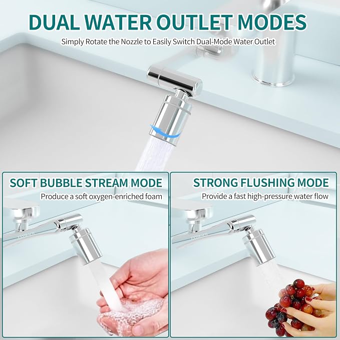 1080° Rotating Faucet Extender with Robotic Arm, Silver | Solid Brass Material, 3x360° Swivel Robotic Arm, 2 Outlet Modes, 3 Thread Types, Sink Aerator for Kitchen and Bathroom