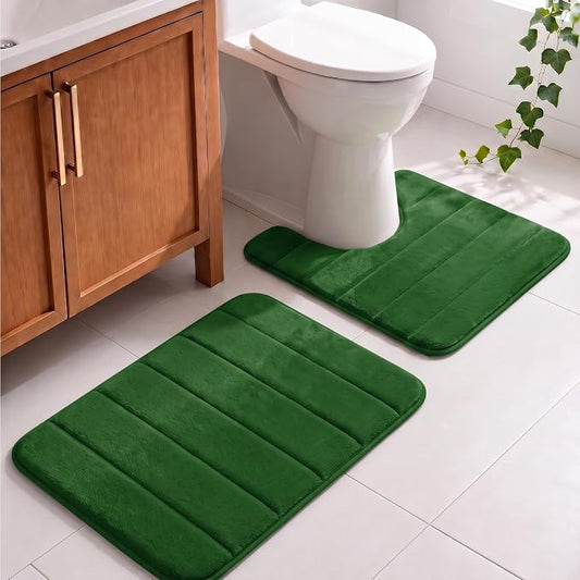 Memory Foam Bathroom Rugs Sets 2 Piece - Super Soft Absorbent Quick Dry Memory Foam Bathroom Rugs, Machine Washable Non Slip Floor Carpet for Tub Shower & Single Sink 16x24 & 20x20,(Dark Green)
