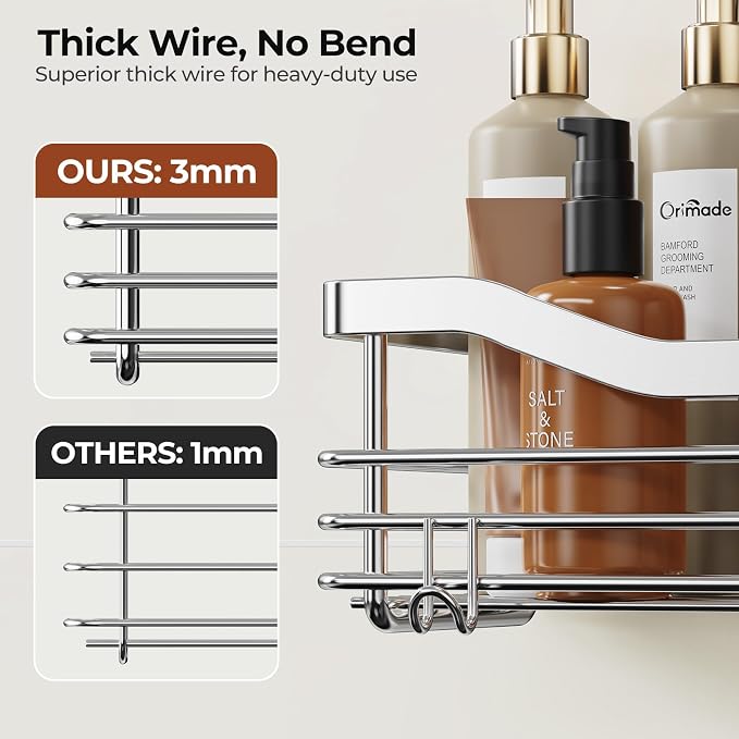 Orimade Shower Caddy Basket Shelf,3-Pack Adhesive Shower Organizer with Soap Dish Holder, No Drilling Wall Mounted Rustproof Stainless Steel Shower Shelves with 7 Hooks,for Bathroom