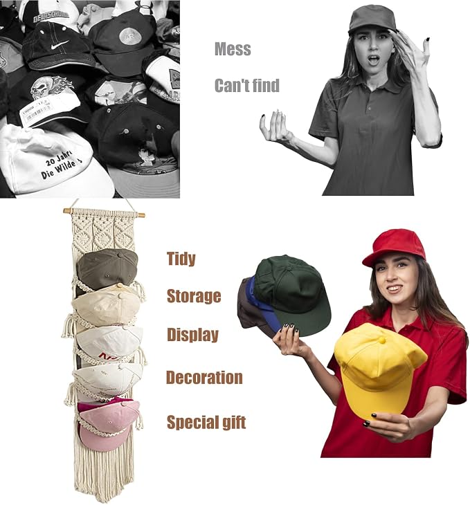jontell Cap Holder-3 Pack-Hat Organizer for 30 Baseball Caps, Macrame Hat Rack for Wall, Cap Rack for Decoration and Display, Boho Handmade Cap Hanger Over Door Organizer