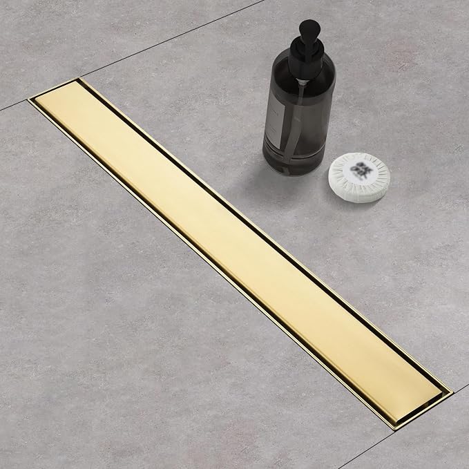 Linear Shower Drain ，with Tile Insert Panels ，48 Inch Brushed Gold 304 Stainless Steel Rectangle Shower Floor Drain，with Hair Catcher, Adjustable Feet