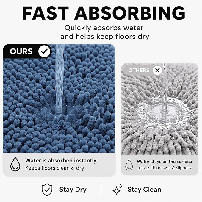 Bathroom Rugs Sets 2 Piece,Super Absorbent Soft,Thick,Machine Washable Chenille Bath Mat,Non Slip Toilet Floor Rug,Bath Mats for Bathroom,20x32 Plus 20x20 U Shape,Denim Blue