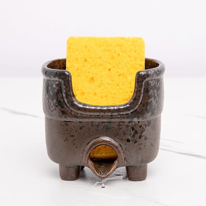 Ceramic Sponge Holder with Drainage, Vintage Sink Caddy | Self-Draining Organizer for Sponge, Soap & Brush, Handmade Kitchen Countertop Decor (Rust Reactive Glaze)