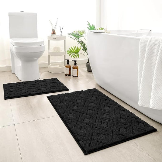 HOMEIDEAS Black Bathroom Rug Set 2 Piece, 20"x32"+16"x24" | Soft Microfiber Tufted Bath Mats, Super Absorbent, Non Slip, Machine Washable for Everyday Use