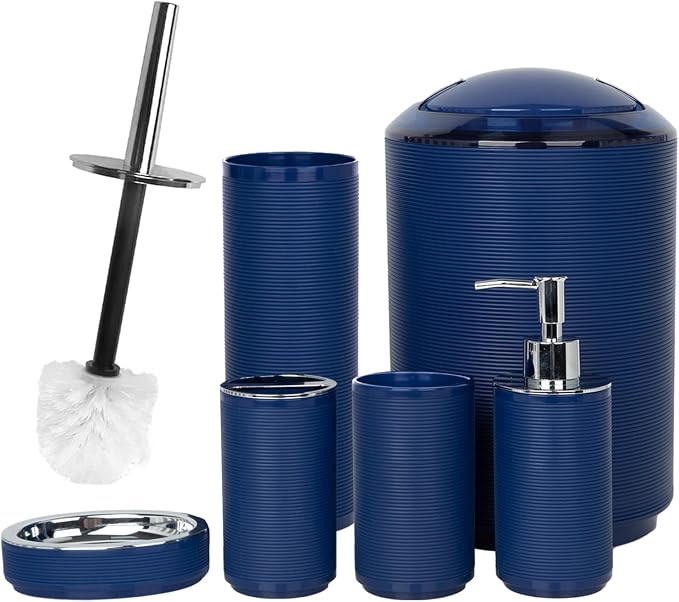 CERBIOR Bathroom Accessories Set 6 Piece Spiral Pattern Bath Ensemble,Blue | Includes Soap Dispenser, Toothbrush Holder, Toothbrush Cup, Soap Dish for Decorative Countertop and Housewarming Gift