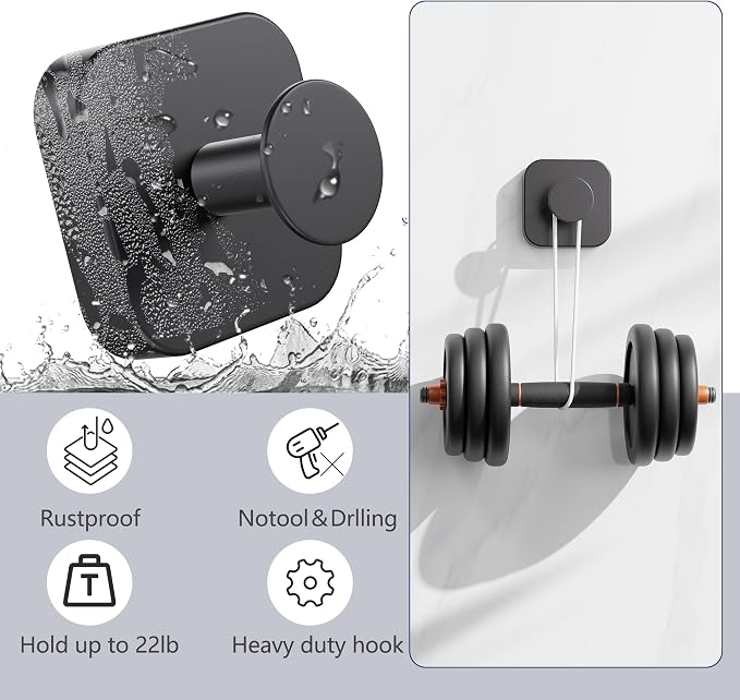 Aikzik Adhesive Hooks for Shower, Heavy Duty Replaceable Sticky Large Wall Towel Hooks for Hanging Towel, Robe, Coat, Stainless Steel Hook for Bathroom and Door, Waterproof & Rustproof - 2 Pack, Black