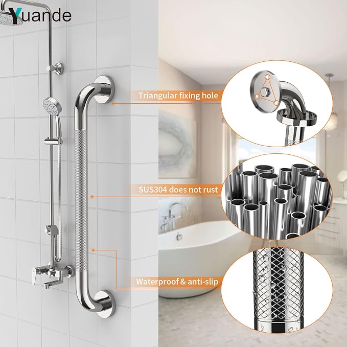 24 Inch Anti Slip Shower Grab Bar, YuanDe Polished Chrome Stainless Steel Bath Grab Bar, Knurled Bathroom Safety Rail, Shower Handrail Support, Handicap Elderly Balance Assist Handles-1.25" Diameter