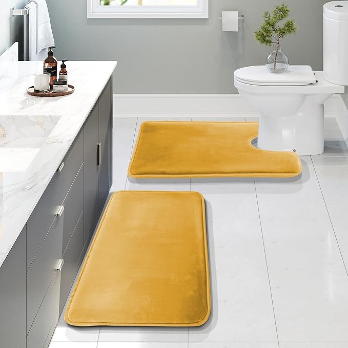 Clara Clark 2 Piece Bathroom Rugs, Velvet Memory Foam Bath Mat Set, Non-Slip Bath Rugs, Machine Wash, Dries Quickly, Ultra Soft Plush Bath Mats for Bathroom, 20 x 32 + Contour, Camel Gold